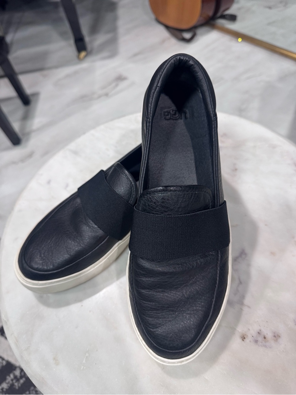 UGG Chayze Black Leather Slip-On Loafers with White Platform Sole